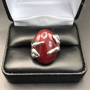 925 Sterling Silver Oval Red Cabochon Ring Size 7